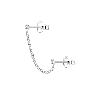 Wholesale Sterling Silver Double Ear Studs with Chain - JD22469 Wholesale Sterling Silver Double Ear Studs with Chain - JD22469
