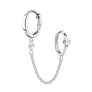 Wholesale Sterling Silver Heart Double Huggie Earrings with Chain - JD22583 Wholesale Sterling Silver Heart Double Huggie Earrings with Chain - JD22583