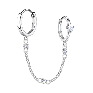 Wholesale Sterling Silver Heart Double Huggie Earrings with Chain - JD22588