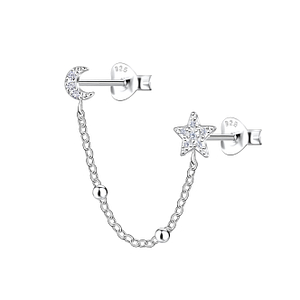 Wholesale Sterling Silver Moon and Star Double Ear Studs with Chain - JD22484