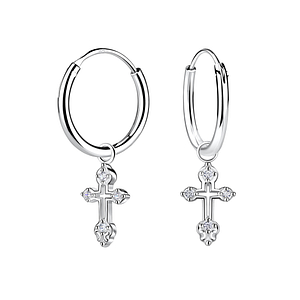 Wholesale Sterling Silver Cross Charm Ear Hoops - JD23139