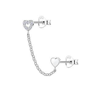 Wholesale Sterling Silver Heart Double Ear Studs with Chain - JD22456