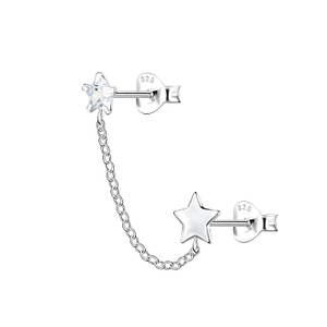 Wholesale Sterling Silver Star Double Ear Studs with Chain - JD22458
