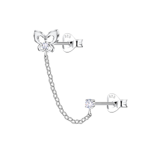 Wholesale Sterling Silver Butterfly Double Ear Studs with Chain - JD22459