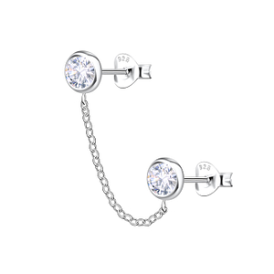 Wholesale Sterling Silver Round Double Ear Studs with Chain - JD22467