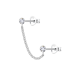 Wholesale Sterling Silver Round Double Ear Studs with Chain - JD22468