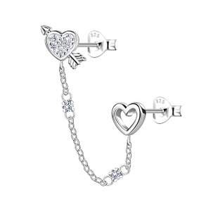 Wholesale Sterling Silver Heart Double Ear Studs with Chain - JD22476