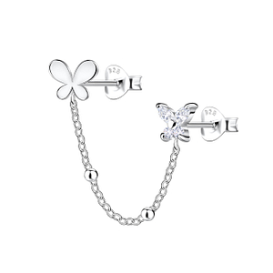 Wholesale Sterling Silver Butterfly Double Ear Studs with Chain - JD22483