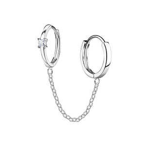 Wholesale Sterling Silver Single Stone Double Huggie Earrings with Chain - JD22576