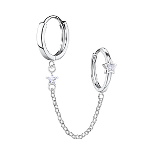 Wholesale Sterling Silver Star Double Huggie Earrings with Chain - JD22580