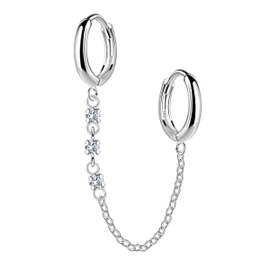 Wholesale Sterling Silver Double Huggie Earrings with Chain - JD22591