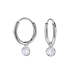 Wholesale 4mm Round Cubic Zirconia Sterling Silver Charm Ear Hoops - JD22289