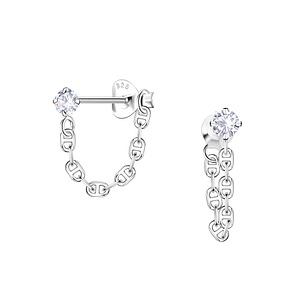 Wholesale Sterling Silver Single Stone Ear Studs with Chain - JD25423