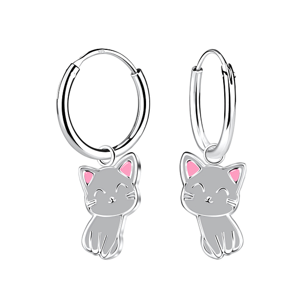 Wholesale Sterling Silver Cat Charm Ear Hoops - JD2008
