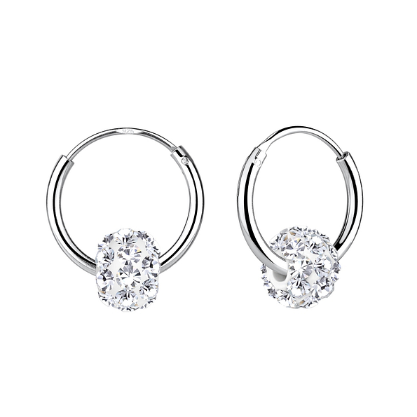 Wholesale Sterling Silver Crystal Ball Charm Ear Hoops - JD1937