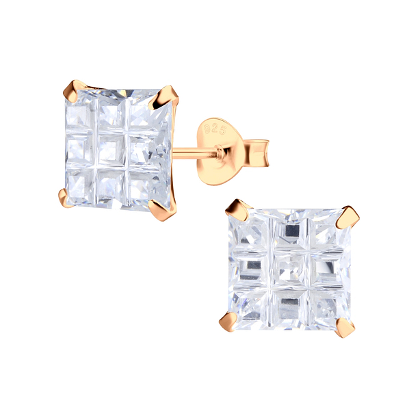 Wholesale 8mm Square Checkerboard Cubic Zirconia Sterling Silver Ear Studs - JD5420