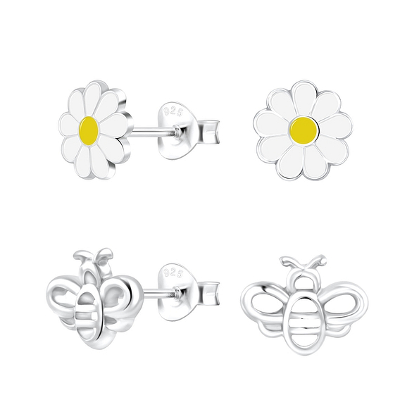 Wholesale Sterling Silver Flower and Bee Ear Studs Set - JD10038