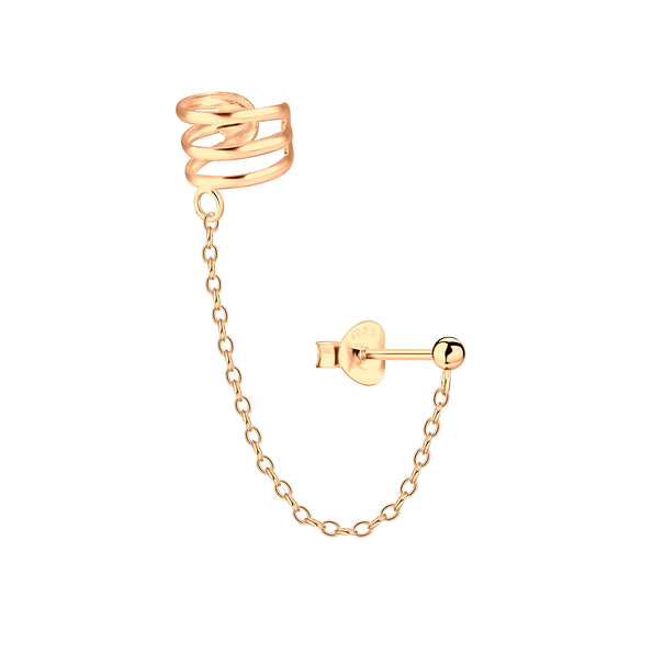 Wholesale Sterling Silver Ball Stud Earring and Triple Line Ear Cuff with Chain - JD6184