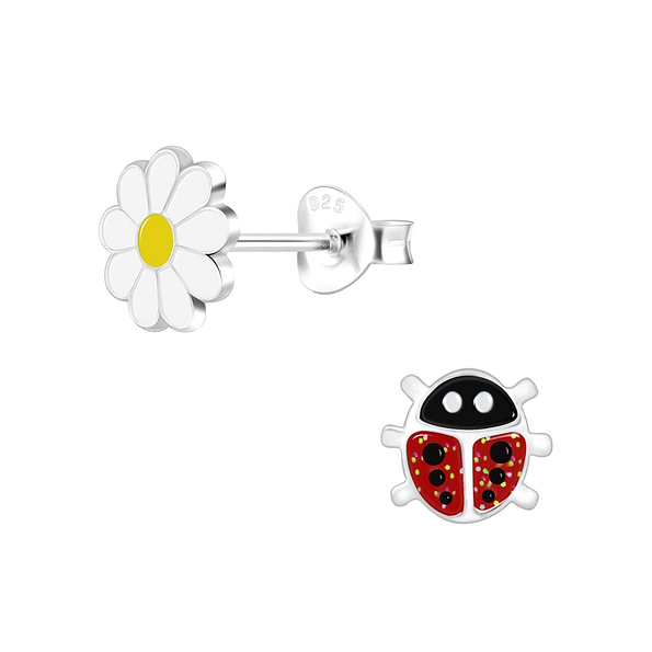 Wholesale Sterling Silver Ladybug and Flower Ear Studs - JD9949
