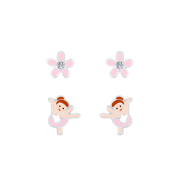 Wholesale Sterling Silver Ballerina and Flower Ear Studs Set - JD7621