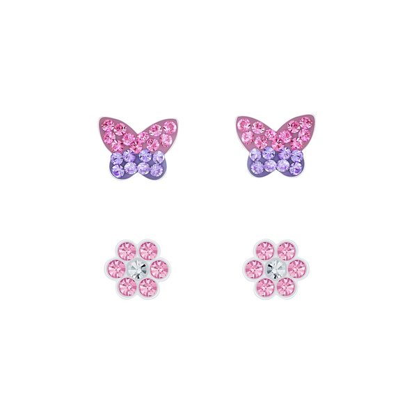 Wholesale Sterling Silver Butterfly and Flower Ear Studs Set - JD7631