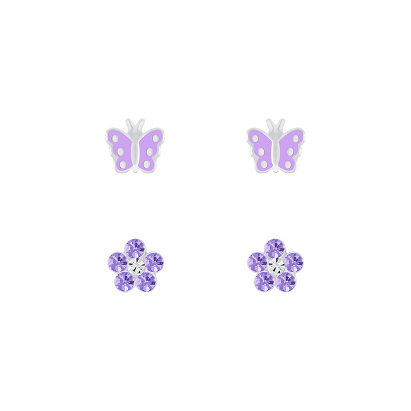 Wholesale Sterling Silver Butterfly and Flower Ear Studs Set - JD7633