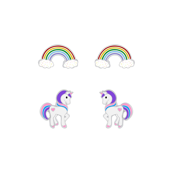Wholesale Sterling Silver Rainbow and Unicorn Ear Studs Set - JD7634