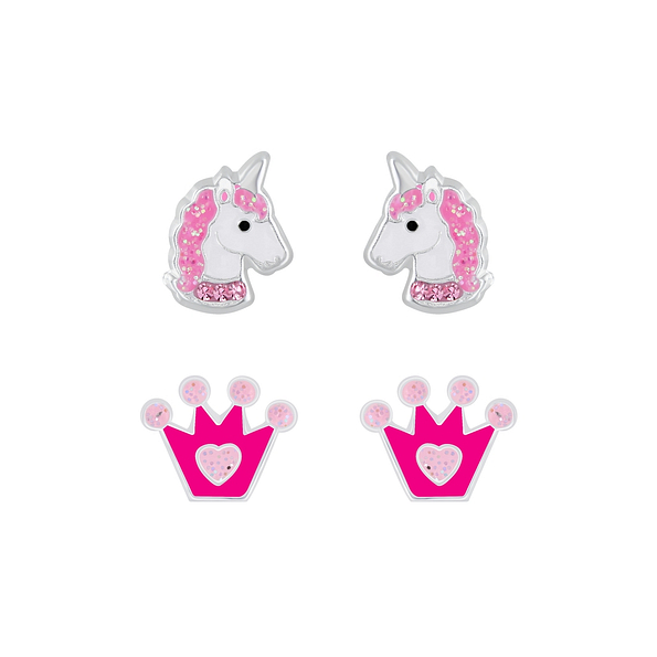 Wholesale Sterling Silver Unicorn and Crown Ear Studs Set - JD7643