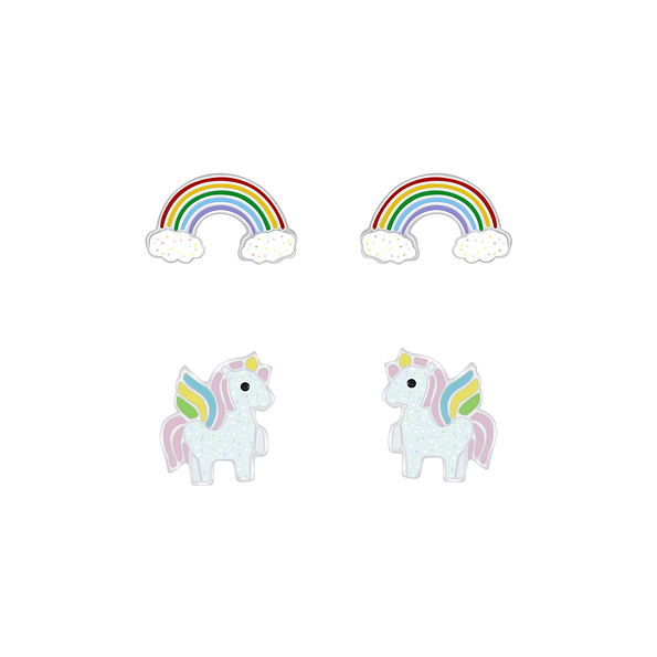 Wholesale Sterling Silver Rainbow and Unicorn Ear Studs Set - JD7645