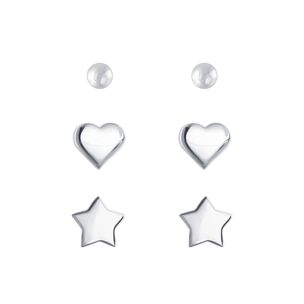 Wholesale Sterling Silver Ball Heart and Star Ear Studs Set - JD7683