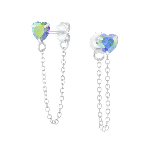 Wholesale 4mm Heart Cubic Zirconia Sterling Silver Ear Studs with Chain - JD6200