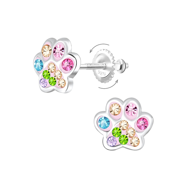 Wholesale Sterling Silver Paw Print Crystal Screw Back Ear Studs - JD10117