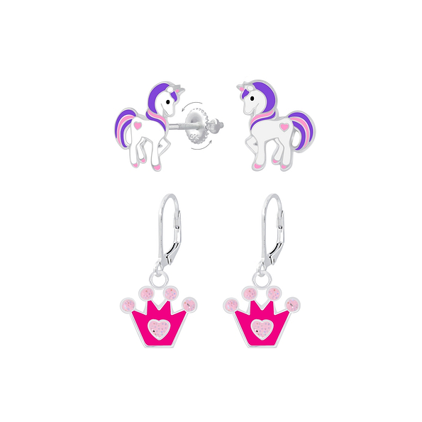 Wholesale Sterling Silver Unicorn and Crown Earrings Set - JD8391