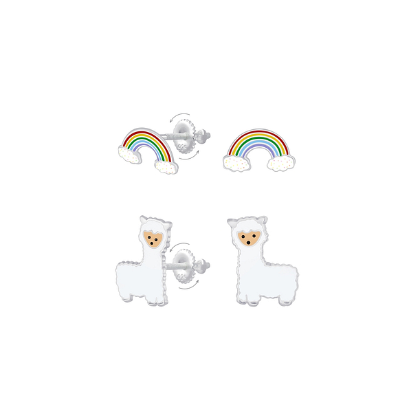Wholesale Sterling Silver Rainbow and Alpaca Screw Back Ear Studs Set - JD8388