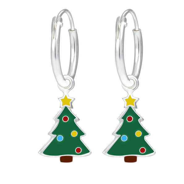 Wholesale Sterling Silver Christmas Tree Charm Ear Hoops - JD1759