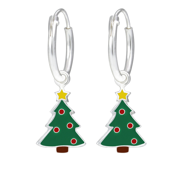 Wholesale Sterling Silver Christmas Tree Charm Ear Hoops - JD1760
