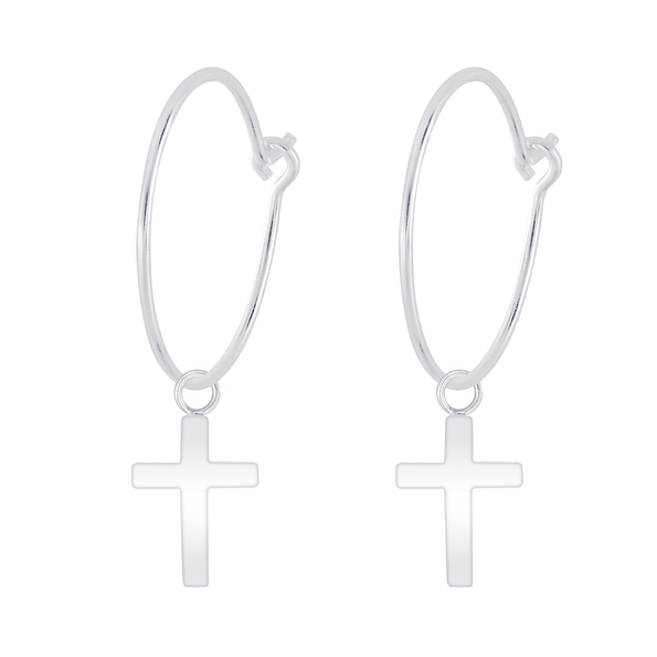 Wholesale Sterling Silver Cross Charm Ear Hoops - JD7341