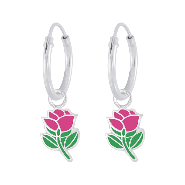 Wholesale Sterling Silver Rose Charm Ear Hoops - JD6270