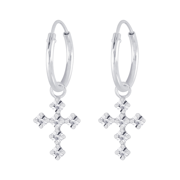 Wholesale Sterling Silver Cross Crystal Charm Ear Hoops - JD5167