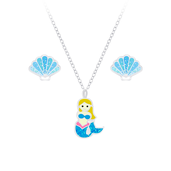 Wholesale Sterling Silver Mermaid Necklace and Shell Ear Studs Set - JD7661