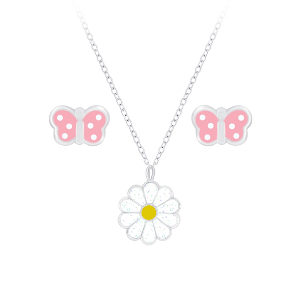 Wholesale Sterling Silver Butterfly Necklace and Daisy Ear Studs Set - JD7662