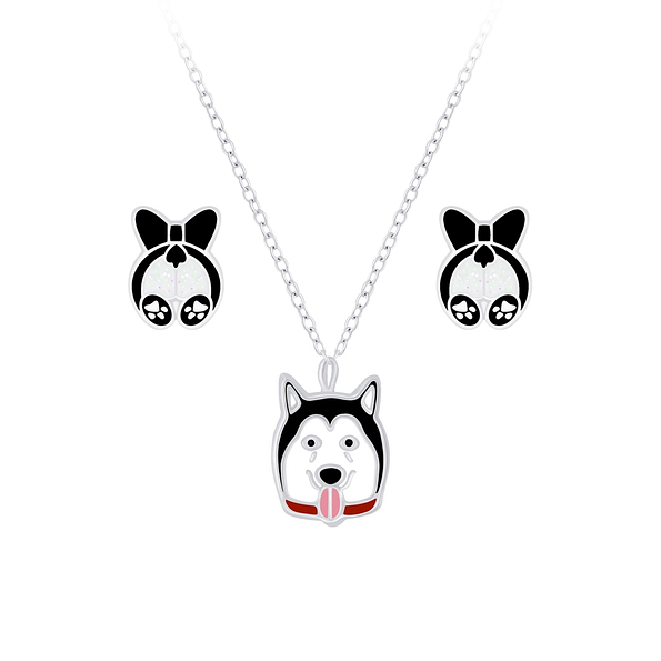 Wholesale Sterling Silver Dog Necklace and Ear Studs Set - JD7664