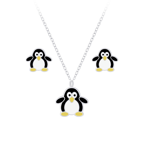Wholesale Sterling Silver Penguin Necklace and Ear Studs Set - JD7658