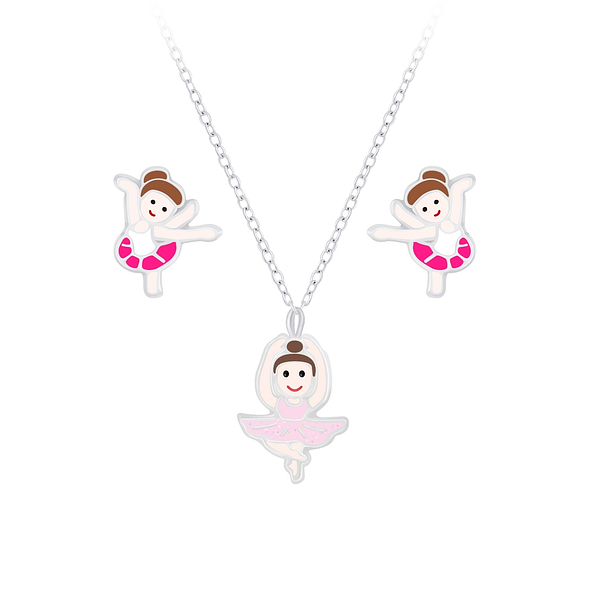 Wholesale Sterling Silver Ballerina Necklace and Ear Studs Set - JD7660