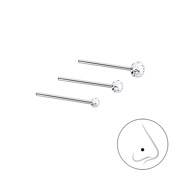 Wholesale 1.5mm 2mm and 2.5mm Crystal Sterling Silver Nose Stud Set - 3 Pack - JD7482
