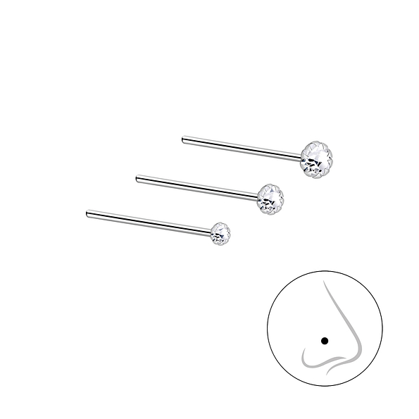 Wholesale 1.5mm 2mm and 2.5mm Crystal Sterling Silver Nose Stud Set - 3 Pack - JD7491