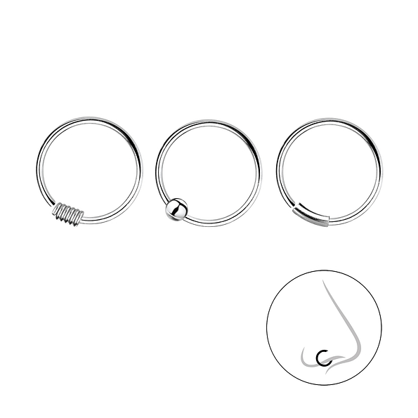 Wholesale 10mm Sterling Silver Nose Ring Set - 3 Pack - JD7492
