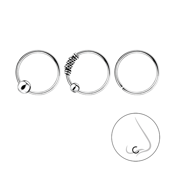 Wholesale 10mm Sterling Silver Nose Ring Set - 3 Pack - JD7825