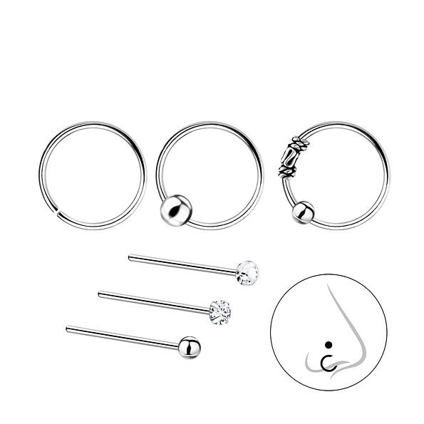 Wholesale Sterling Silver Mixed Nose Jewellery Set - Pack of 6 - JD7837