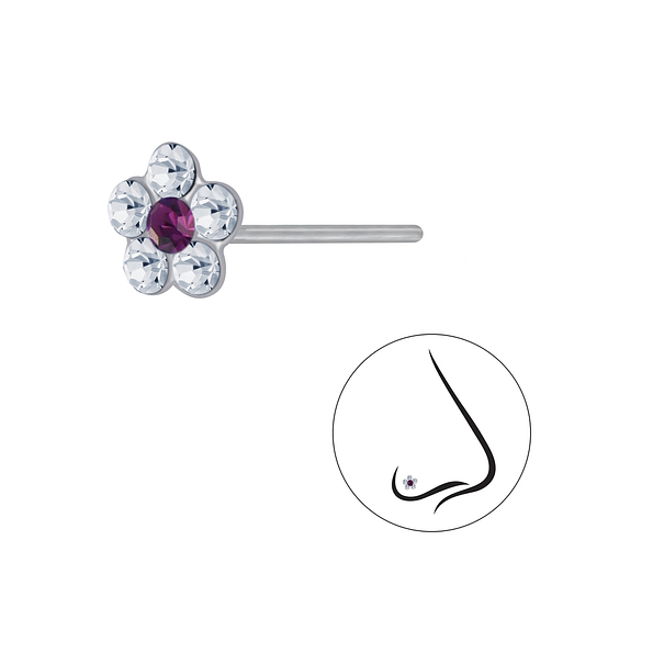 Wholesale Sterling Silver Flower Crystal Nose Stud - JD3257